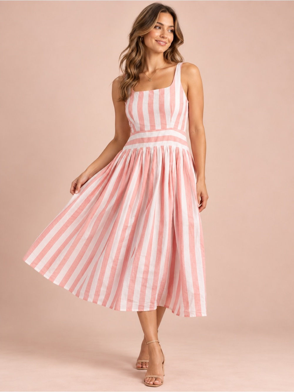 GiGiO USA Pink & White Striped Midi Dress Size M NWT Lined Pockets